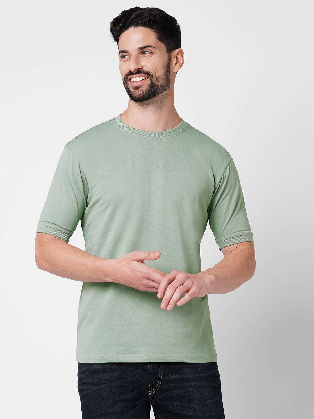 Drop Shoulder French Terry Cotton Green T- Shirt