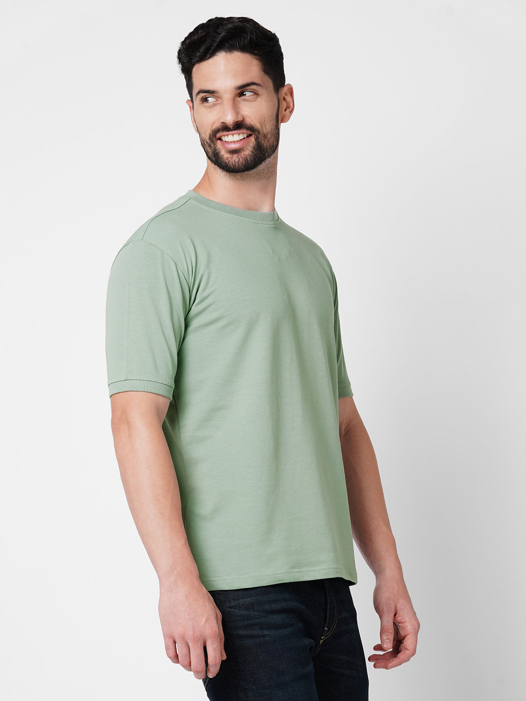 Drop Shoulder French Terry Cotton Green T- Shirt
