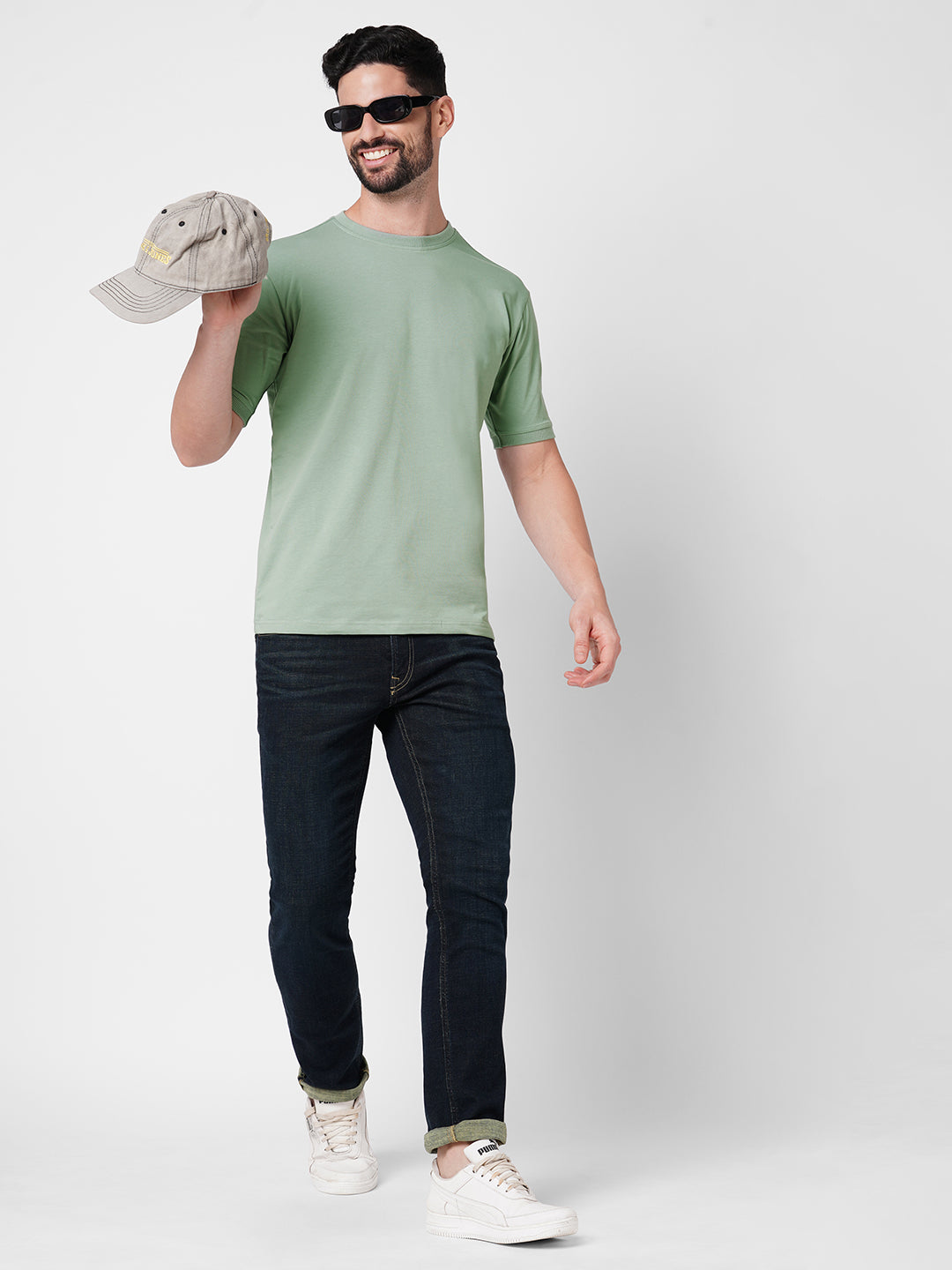 Drop Shoulder French Terry Cotton Green T- Shirt